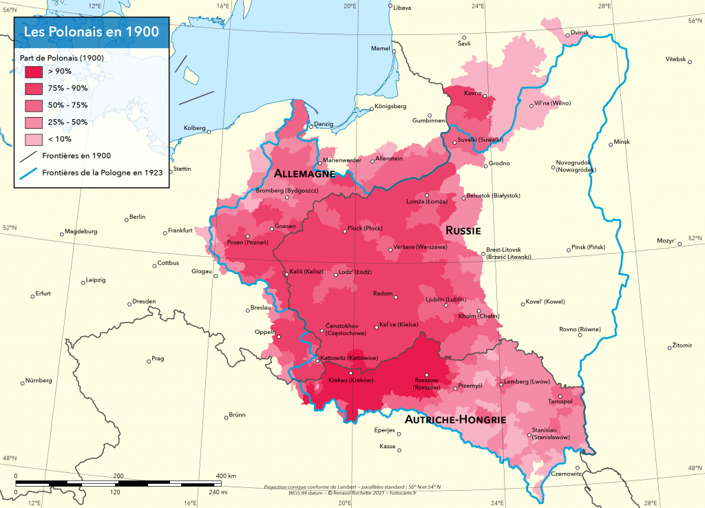 Polonais vers 1900 et frontières en 1923